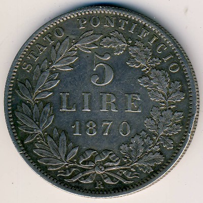 Papal States, 5 lire, 1867–1870