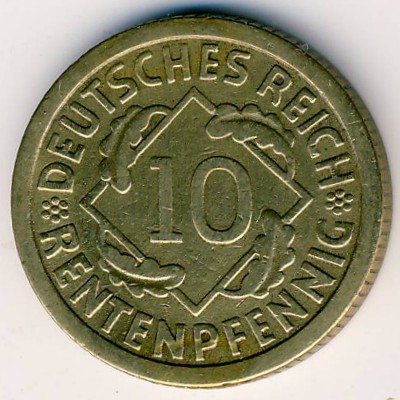 Weimar Republic, 10 rentenpfennig, 1923–1925 Weimar Republic, 10 rentenpfennig, 1923–1925