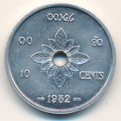 Лаос, 10 центов (1952 г.) Лаос, 10 центов (1952 г.)