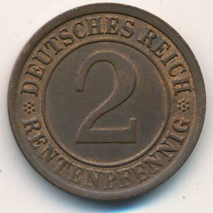 Weimar Republic, 2 rentenpfennig, 1923–1924 Weimar Republic, 2 rentenpfennig, 1923–1924