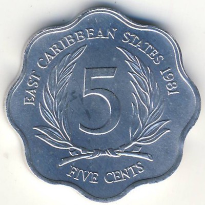 East Caribbean States, 5 cents, 1981–2000 East Caribbean States, 5 cents, 1981–2000