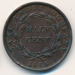 Стрейтс-Сетлментс, 1/2 цента (1845 г.) Стрейтс-Сетлментс, 1/2 цента (1845 г.)