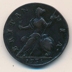 Великобритания, 1/2 пенни (1729–1739 г.) Великобритания, 1/2 пенни (1729–1739 г.)