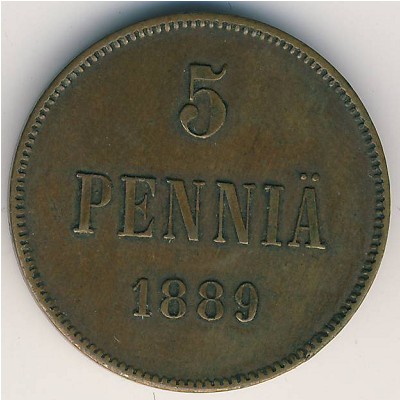 Финляндия, 5 пенни (1888–1892 г.) Финляндия, 5 пенни (1888–1892 г.)