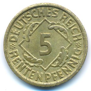 Weimar Republic, 5 rentenpfennig, 1923–1925 Weimar Republic, 5 rentenpfennig, 1923–1925