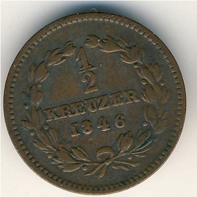 Баден, 1/2 крейцера (1842–1852 г.) Баден, 1/2 крейцера (1842–1852 г.)