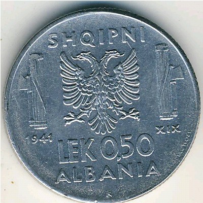 Albania, 0.5 lek, 1939–1941 Albania, 0.5 lek, 1939–1941
