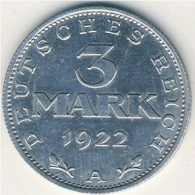 Weimar Republic, 3 mark, 1922–1923 Weimar Republic, 3 mark, 1922–1923