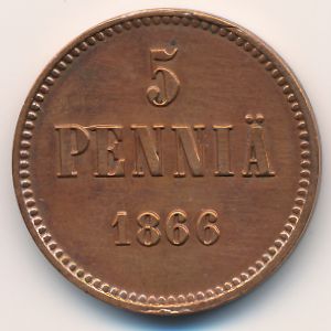 Финляндия, 5 пенни (1865–1870 г.) Финляндия, 5 пенни (1865–1870 г.)