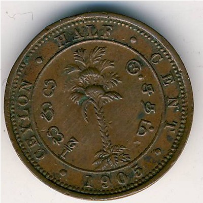 Цейлон, 1/2 цента (1904–1909 г.) Цейлон, 1/2 цента (1904–1909 г.)
