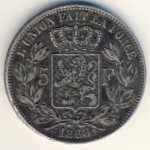 Belgium, 5 francs, 1865–1878