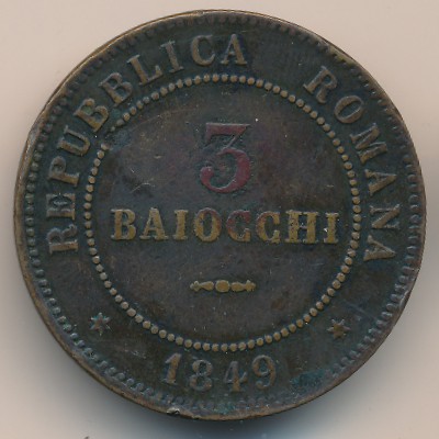 Roman Republic, 3 baiocchi, 1849
