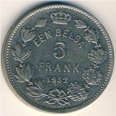Belgium, 5 francs, 1930–1933