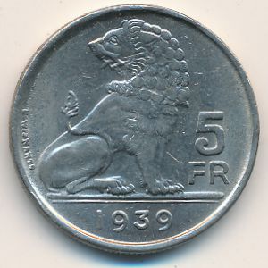 Belgium, 5 francs, 1938–1939