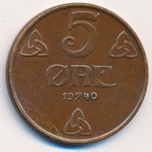 Norway, 5 ore, 1908–1952