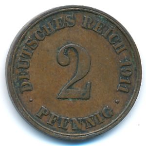Германия, 2 пфеннига (1911 г.)