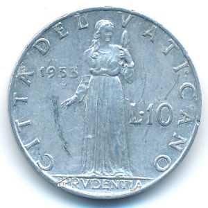 Ватикан, 10 лир (1953 г.)