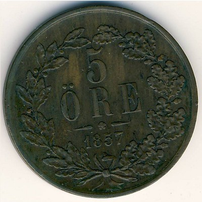 Sweden, 5 ore, 1857–1858
