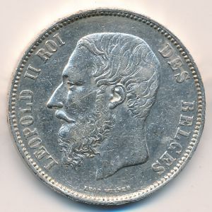 Belgium, 5 francs, 1868