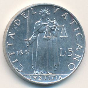Ватикан, 5 лир (1951 г.)