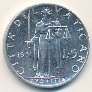 Ватикан, 5 лир (1951 г.)