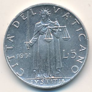 Ватикан, 5 лир (1951 г.)