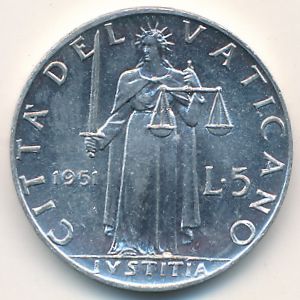 Vatican City, 5 lire, 1951