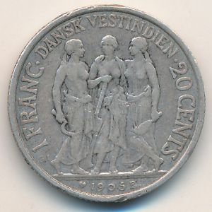 Датская Западная Индия, 1 франк/20 центов (1905 г.)