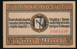 Хальберштадт., 5 марок (1918 г.)