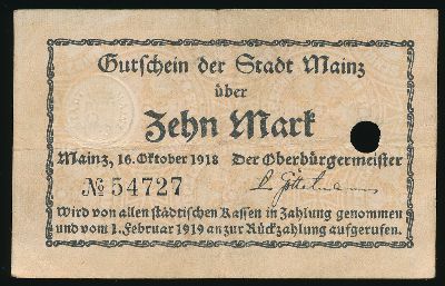 Майнц., 10 марок (1918 г.)