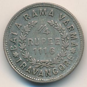Travancore, 1/4 rupee, 1940–1942