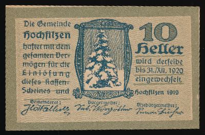 Хохфильцен., 10 геллеров (1919 г.)