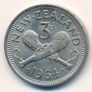 New Zealand, 3 pence, 1964