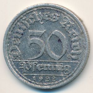 Weimar Republic, 50 pfennig, 1922