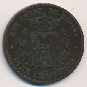 Spain, 10 centimos, 1879