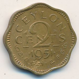 Ceylon, 2 cents, 1951
