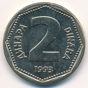 Yugoslavia, 2 dinara, 1993