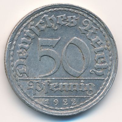 Weimar Republic, 50 pfennig, 1922