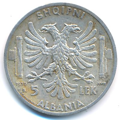 Albania, 5 lek, 1939