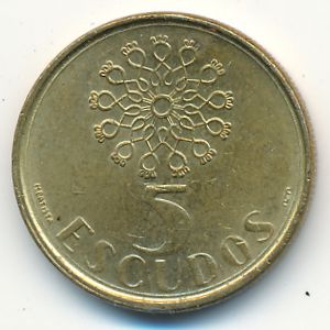 Portugal, 5 escudos, 1991
