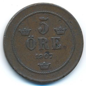 Sweden, 5 ore, 1907