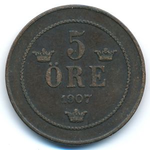 Sweden, 5 ore, 1907