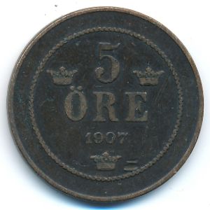 Sweden, 5 ore, 1907