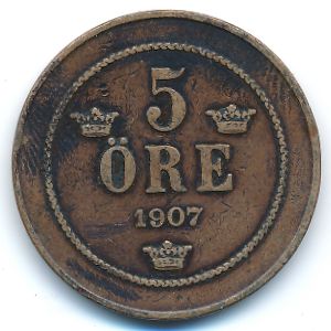 Sweden, 5 ore, 1907