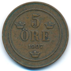 Sweden, 5 ore, 1907