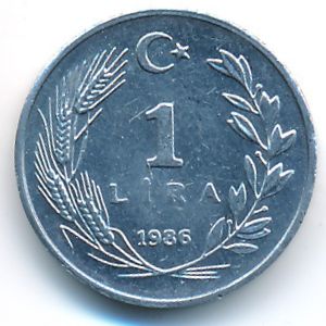Turkey, 1 lira, 1986
