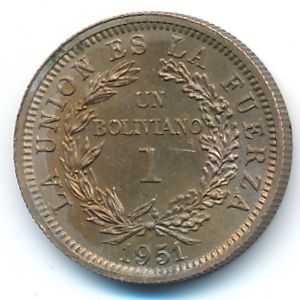 Bolivia, 1 boliviano, 1951