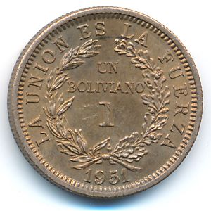 Bolivia, 1 boliviano, 1951
