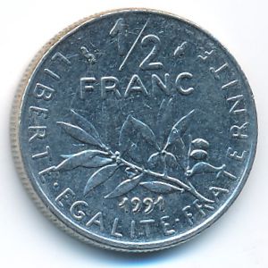 Франция, 1/2 франка (1991 г.)