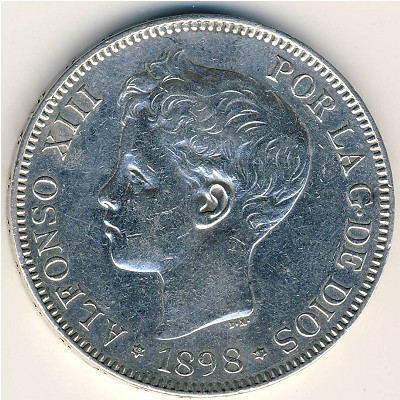 Spain, 5 pesetas, 1896–1899
